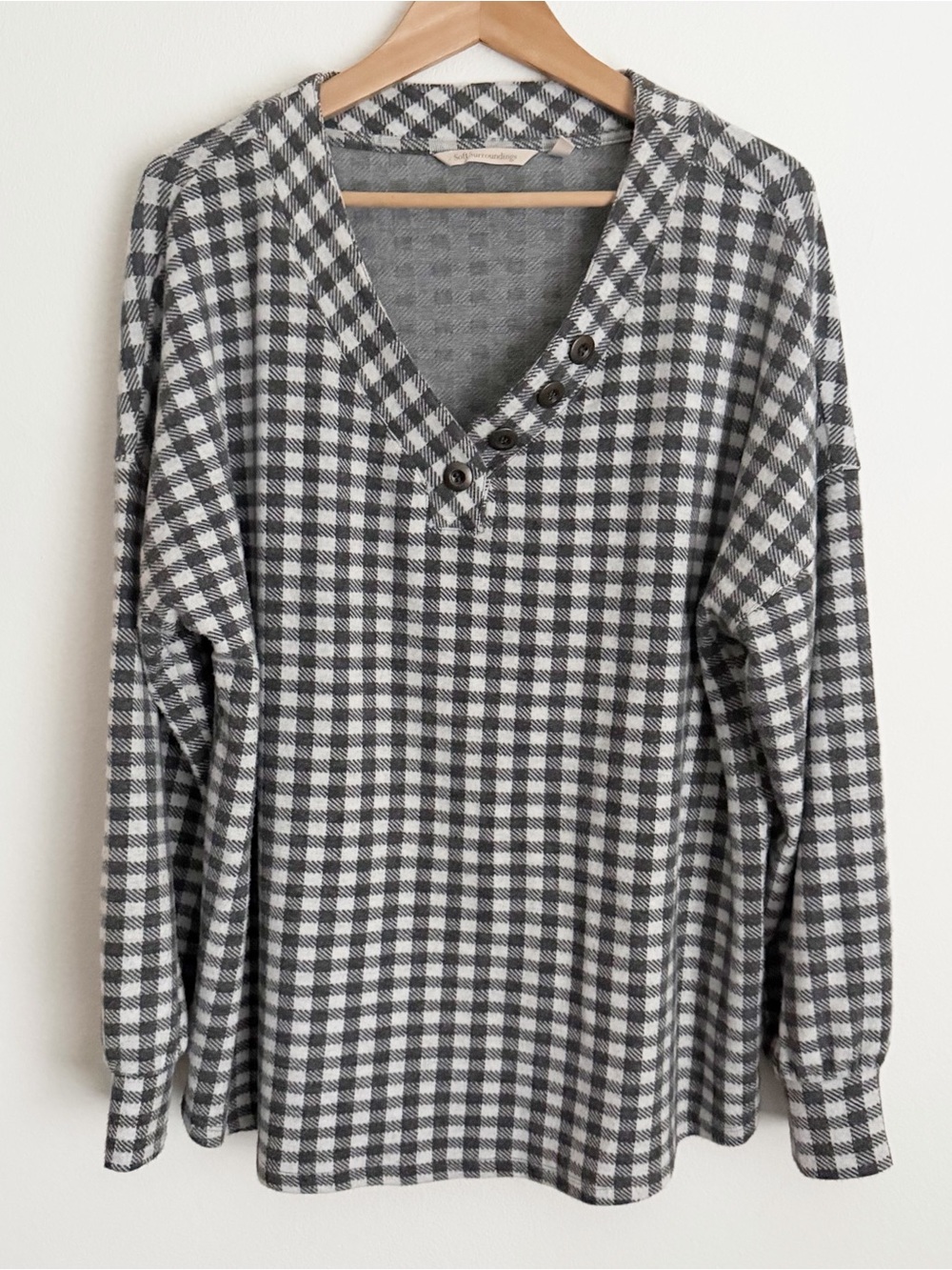 Soft Surroundings Talla Top XL Gray White Plaid Jacquard Knit Button Henley Cozy